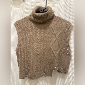 Zara Taupe Turtleneck Sweater Vest with Embellishments
